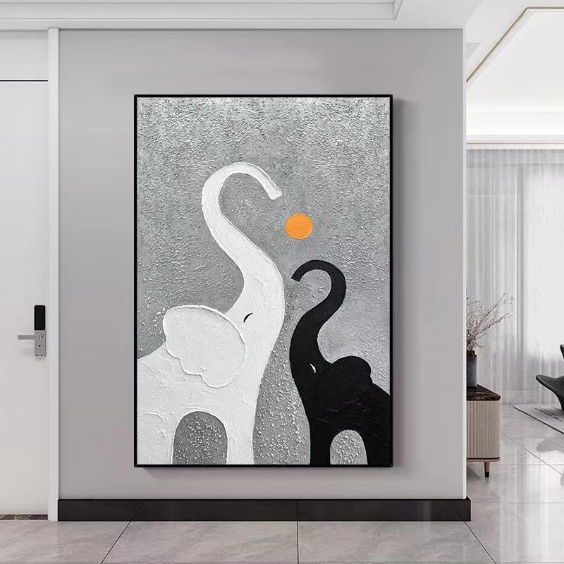大幅吉祥大象黑白平面喷绘客厅装饰画玄关抽象挂画定制轻奢壁画图片