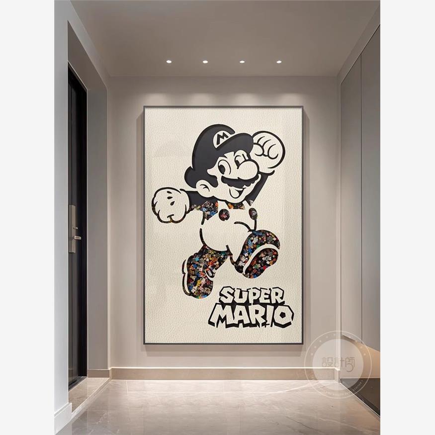 卡通马里奥玄关装饰画高级感客厅背景墙挂画现代简约走廊过道壁画图片
