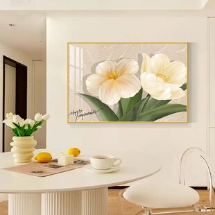 奶油风牡丹花餐厅饭厅装饰画高级感卧室挂画大幅餐桌背景墙面壁画