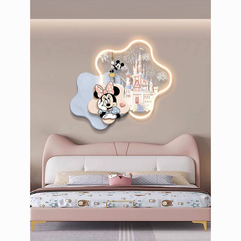 奶油风儿童房卧室装饰画女孩粉色公主房间床头挂画米奇壁画灯画