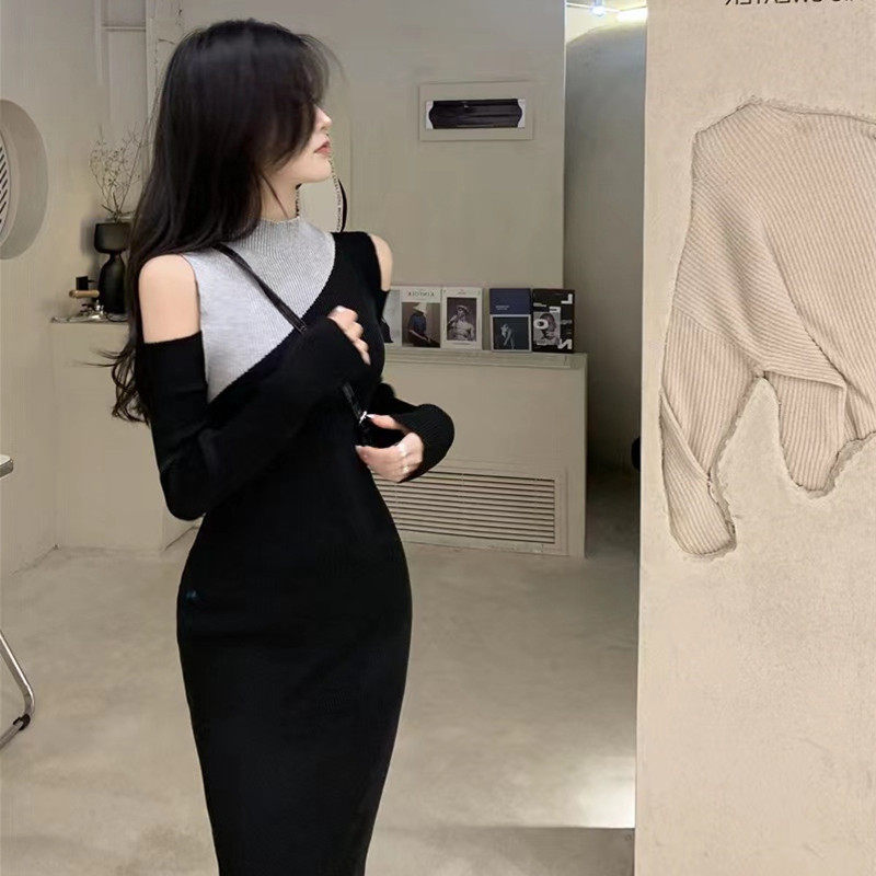 过膝半高领露肩毛衣针织连衣裙女