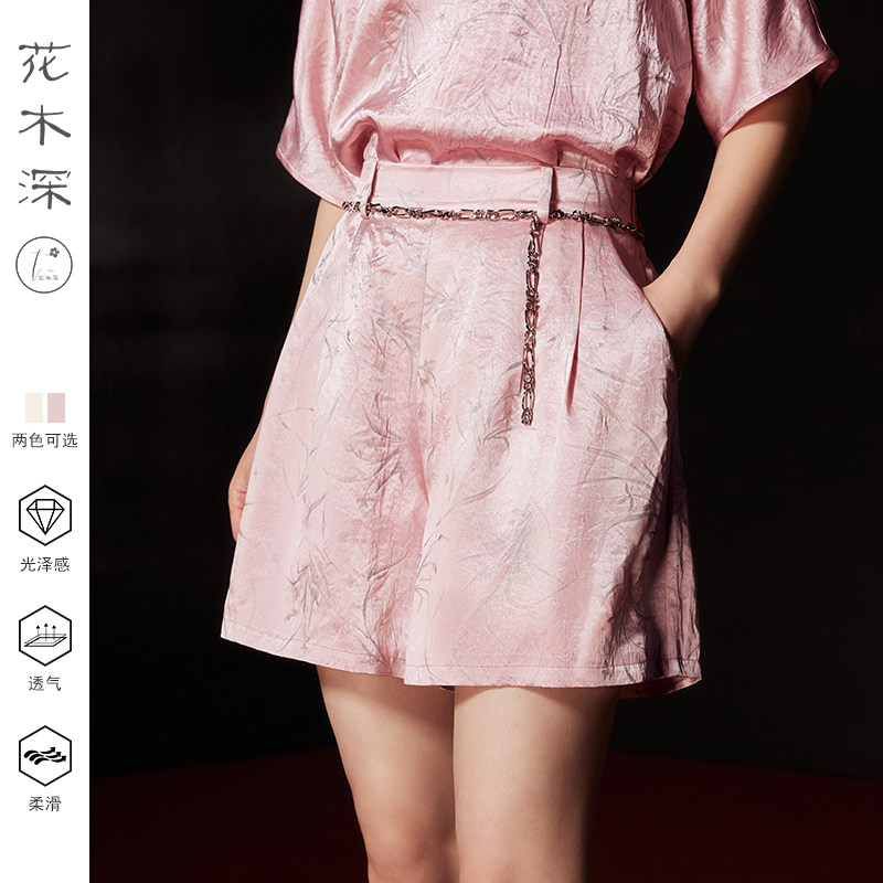 花木深新中式醋酸短裤女高腰2024新款国风印花裤子女夏直筒休闲裤