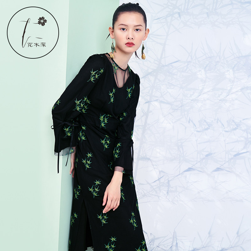 花木深复古黑色连衣裙女竹叶绣花旗袍新款中式女装喇叭袖网纱裙子,女装/女士精品,连衣裙,淘宝优惠券,粉丝福利购,淘宝优惠卷