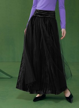 【明星同款】花木深A字半身裙女伞裙拼接丝绒纱裙新中式醋酸半裙