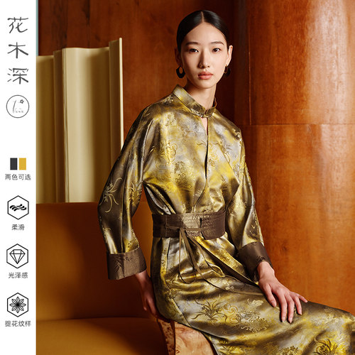 平裁古法旗袍新款盘扣提花桑蚕丝