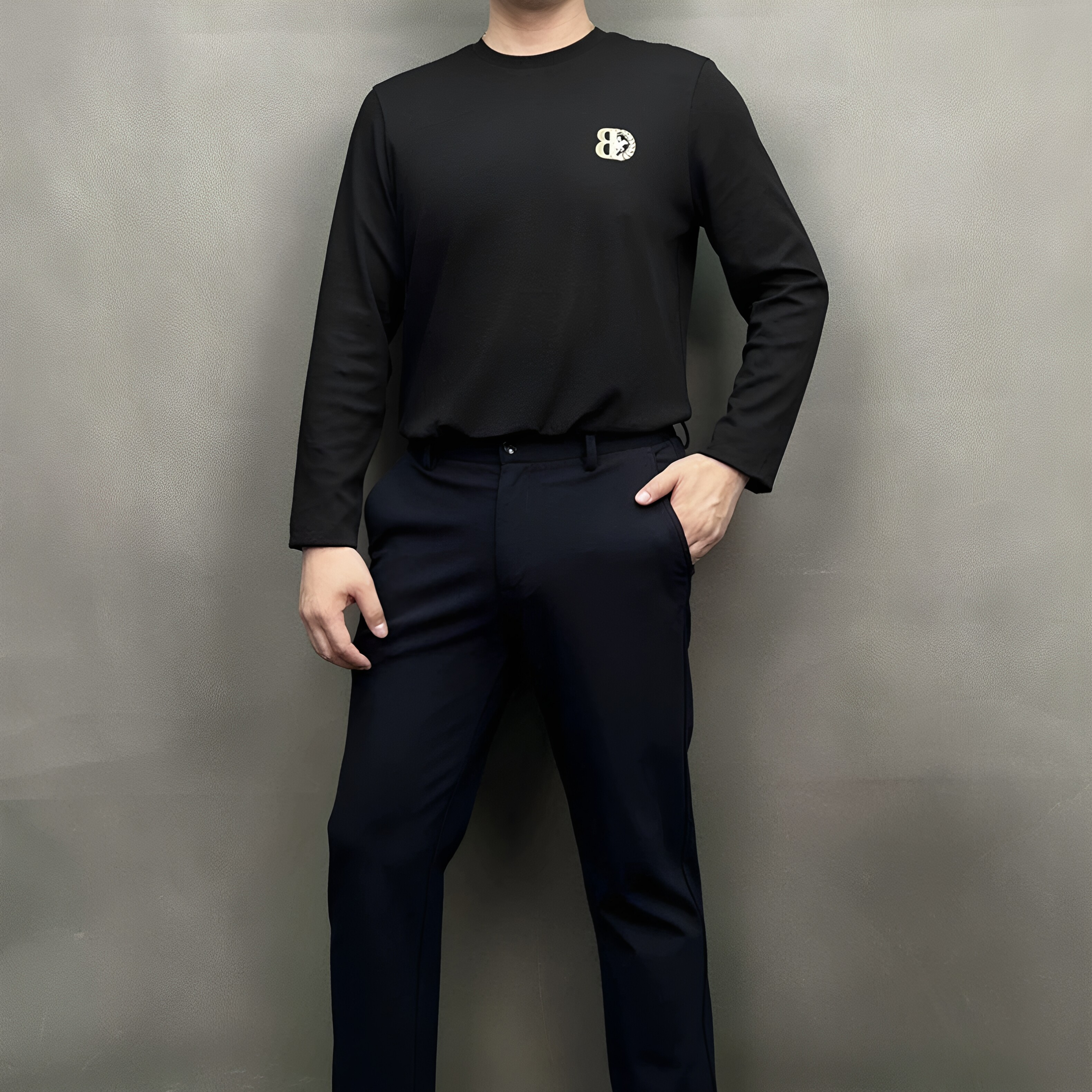 比华利保罗专柜秋季棉质男士黑色长袖圆领刺绣小标商务休闲T恤