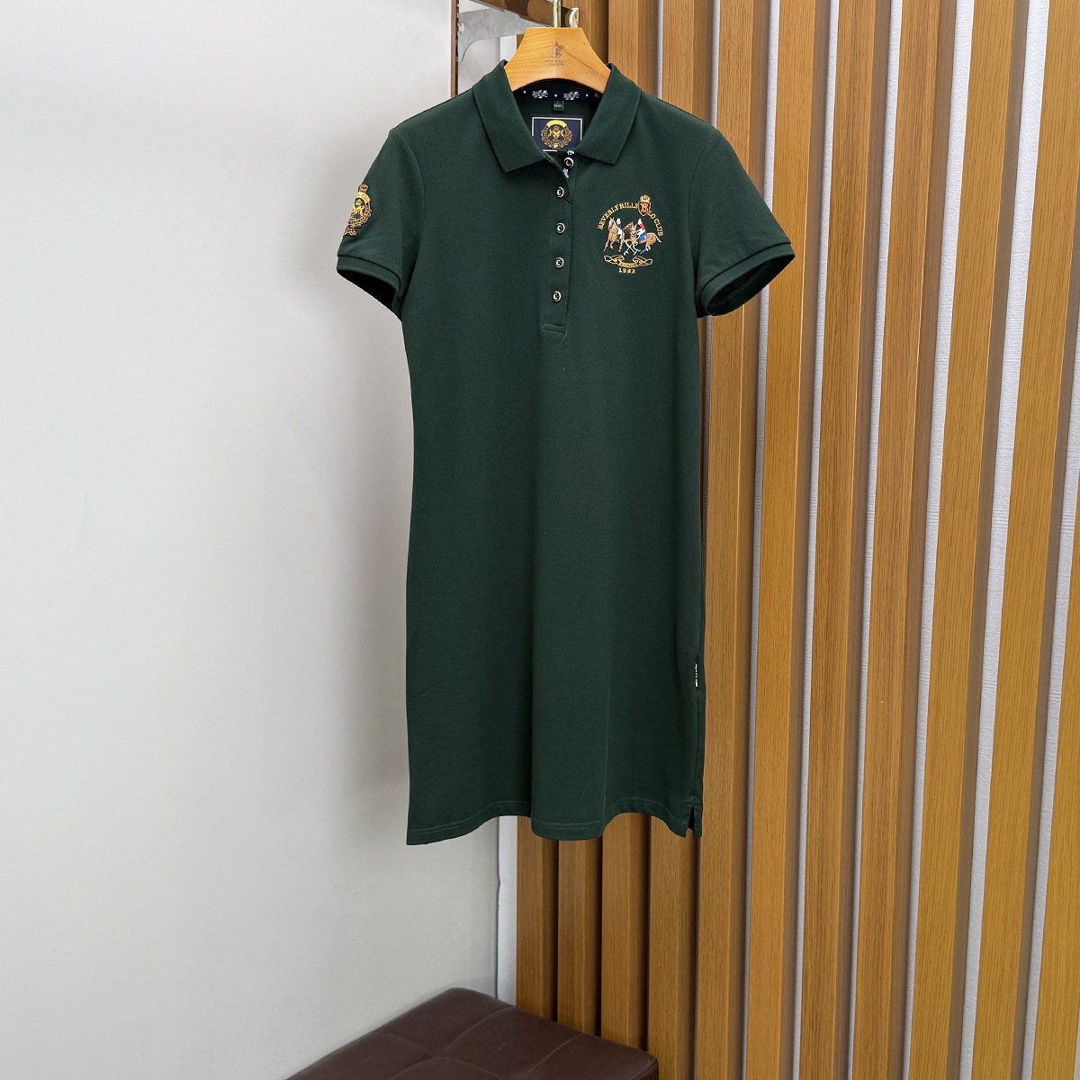 比华利保罗女士墨绿色polo连衣裙夏季休闲刺绣短袖棉质连衣裙