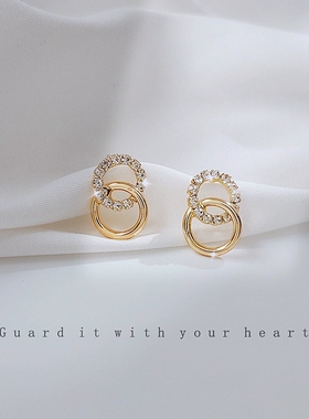 925银针镀14K真金双C交叉韩版韩国时尚潮人款耳钉小清新通勤百搭
