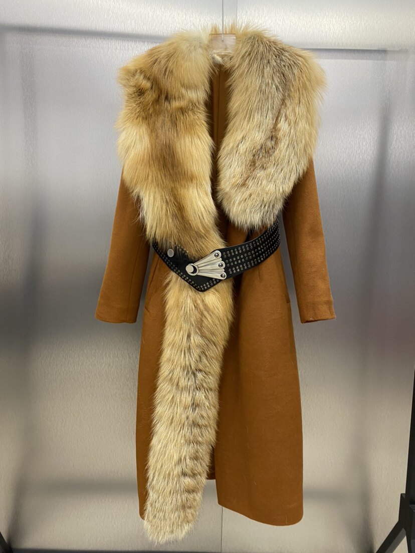 "财阀千金"整皮红狐狸毛领皮草外套女短款呢子冬季新款腰带