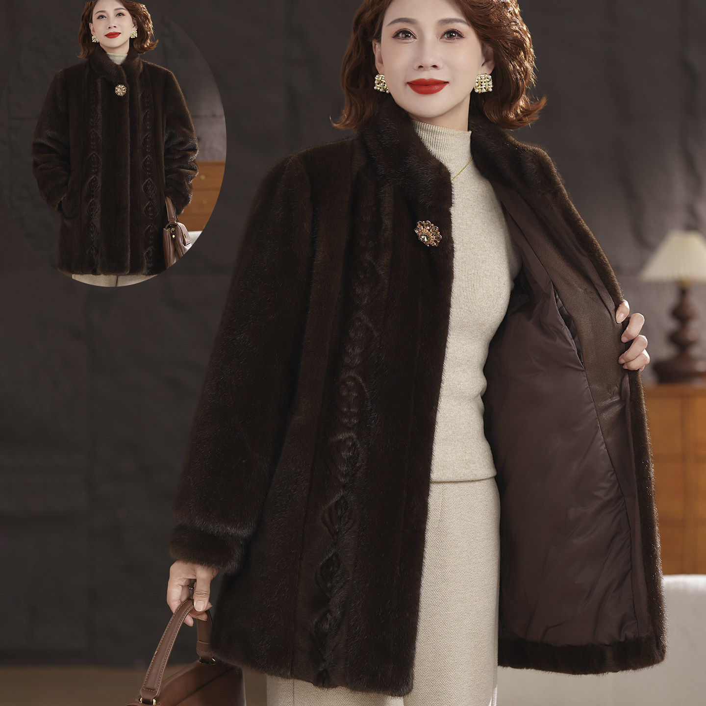 中年妈妈冬装仿水貂绒羽绒服外套中老年女装高贵皮毛一体洋气大衣,女装/女士精品,中老年女装,淘宝优惠券,粉丝福利购,淘宝优惠卷