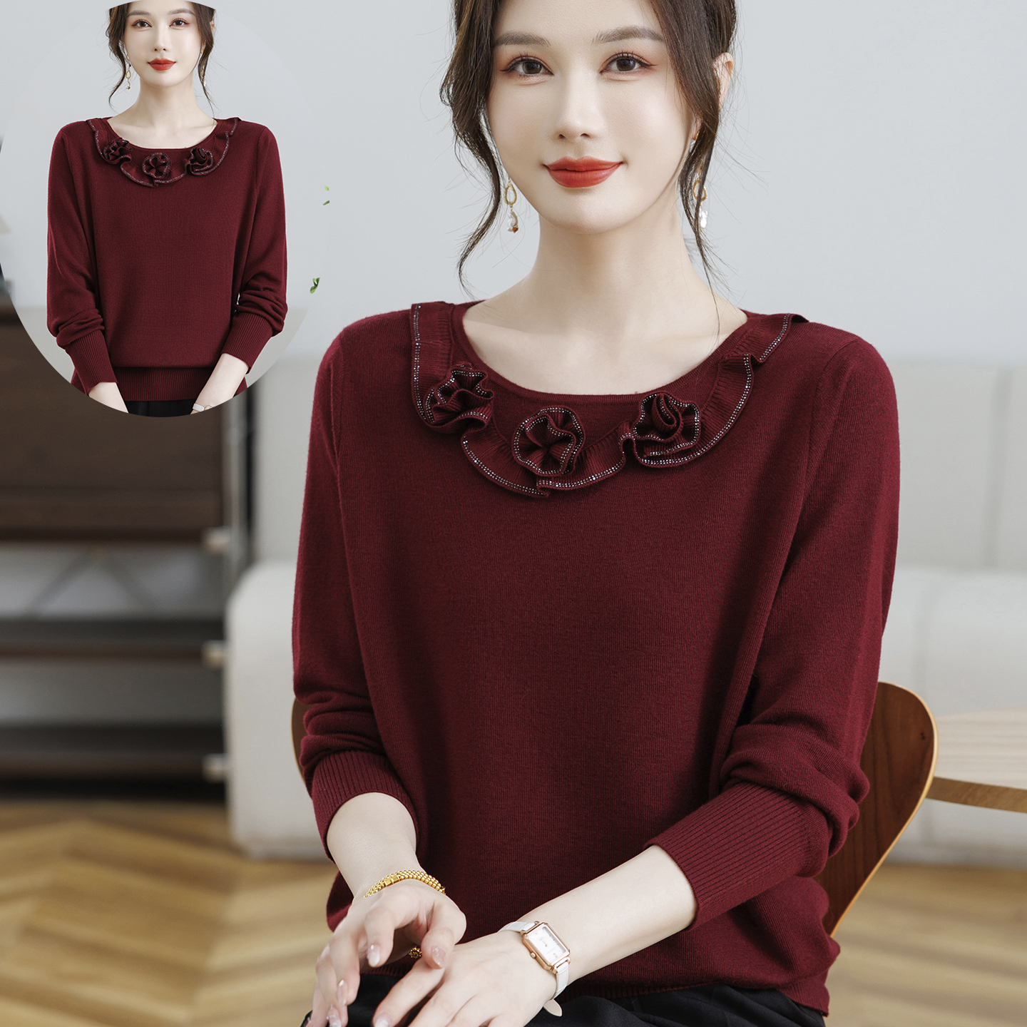 中年妈妈秋冬花朵毛衣针织小衫