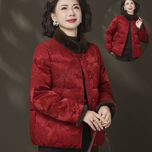 婚宴喜婆婆妈妈冬装红色羽绒服本命年中老年女冬季气质新中式棉袄
