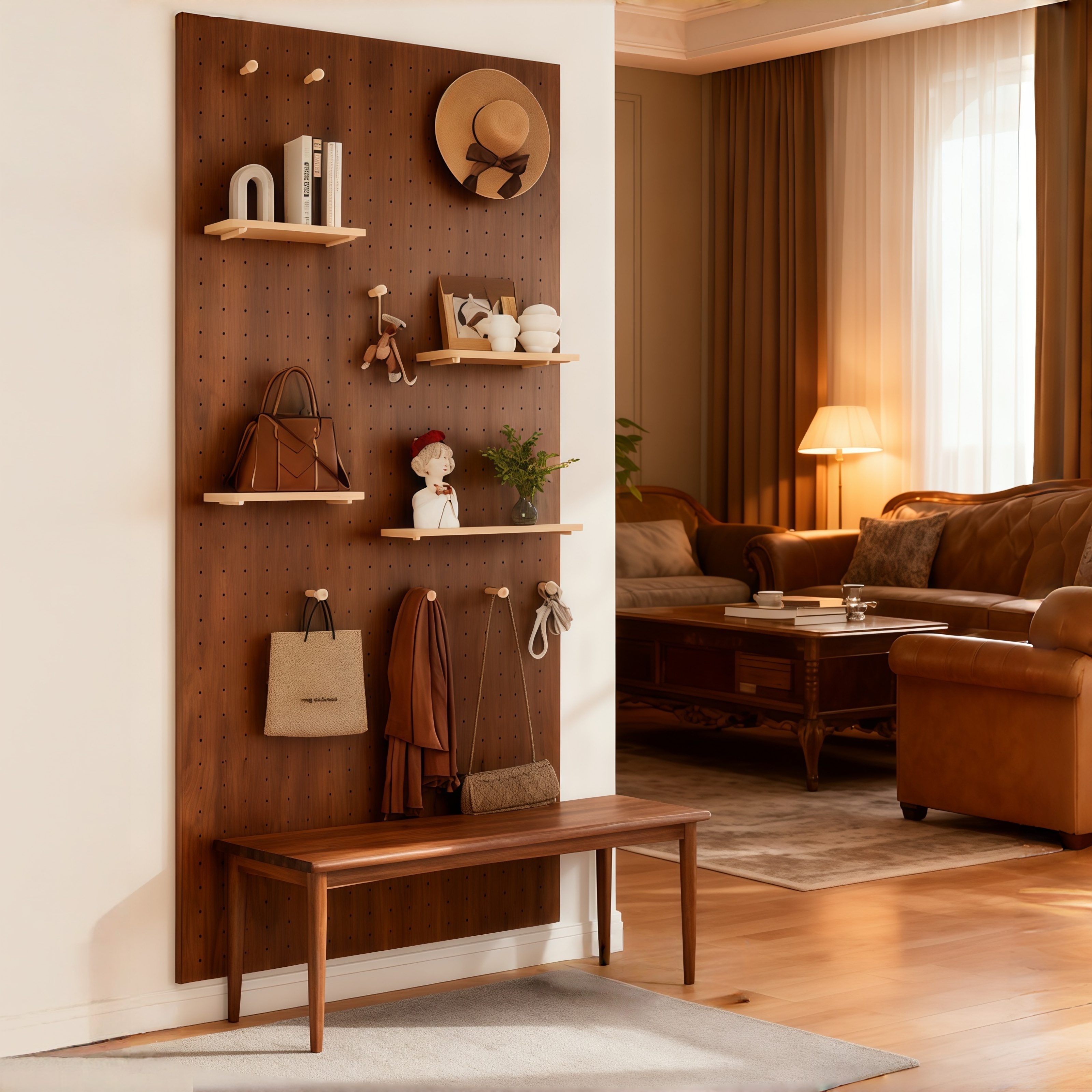 实木洞洞板定制玄关墙面置物架墙上挂板入户隔板收纳架木质展示架