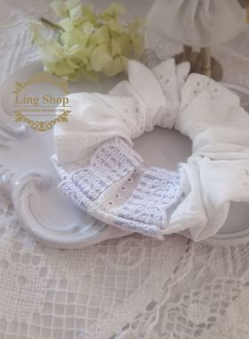 Ling凌儿手作DIY白色藕粉棉布缕空刺绣大肠发圈仙女感韩系发饰007