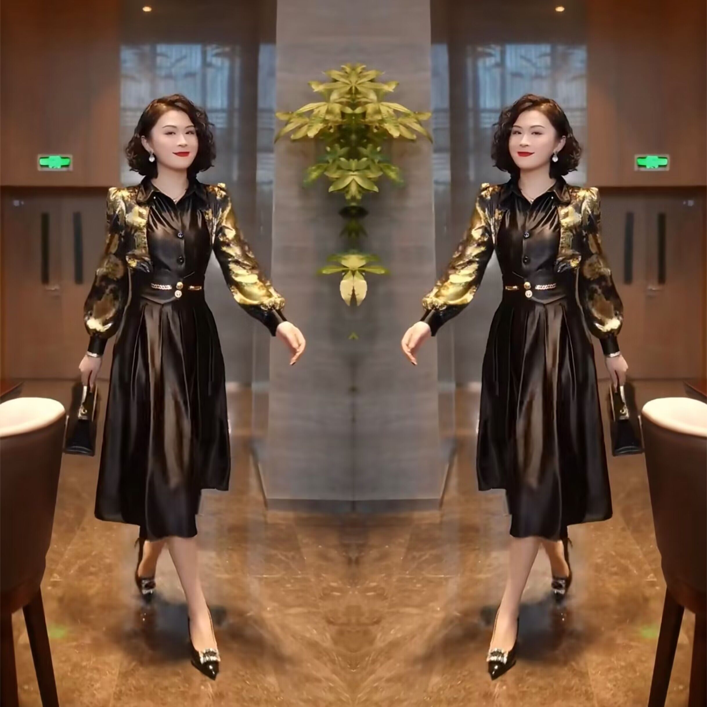 时尚拼接款收腰衬衫领连衣裙潮