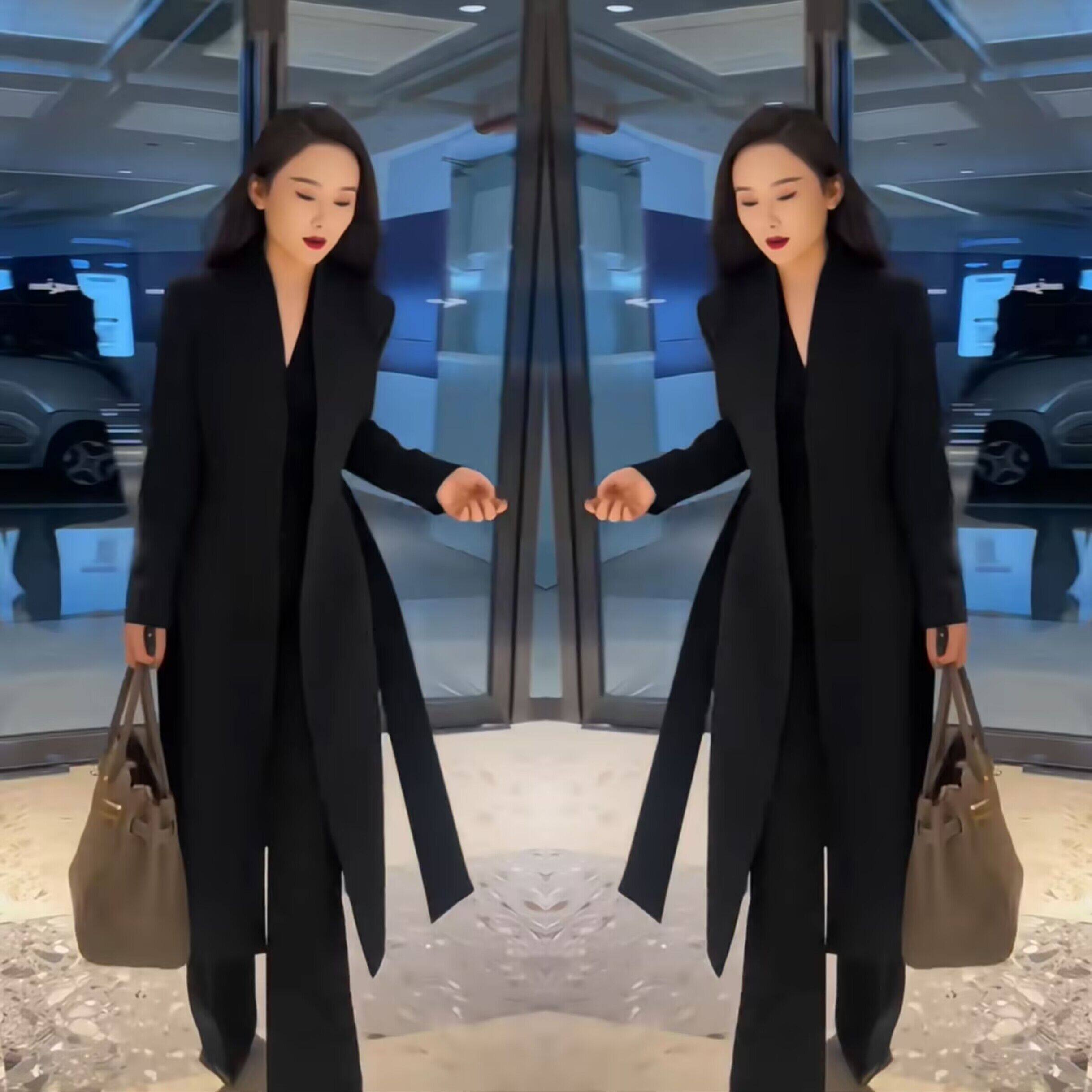 2024秋冬高级气质时尚减龄轻奢洋气长款过膝风衣外套搭配高腰裤子