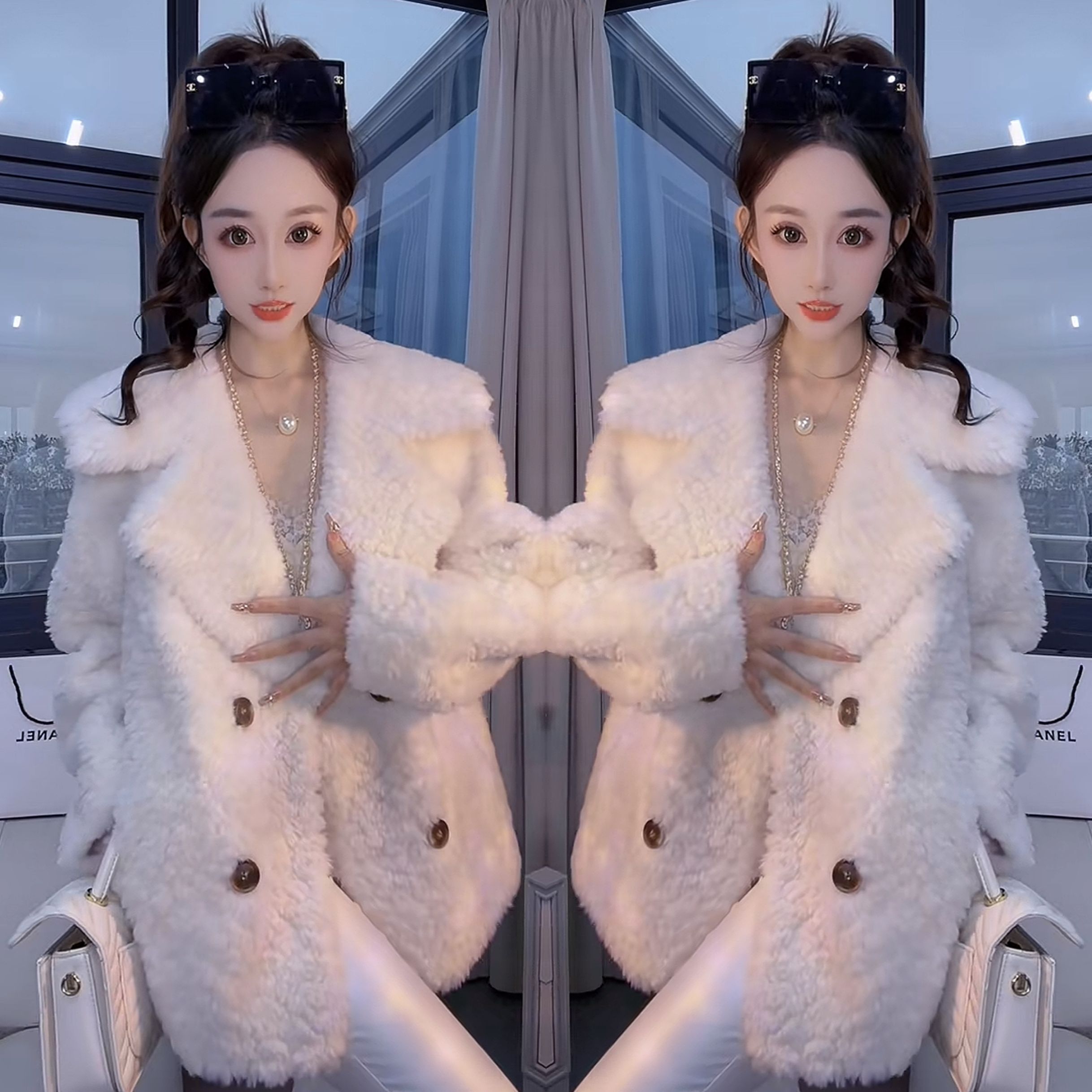 新款双排扣羊羔毛翻领女士外套潮