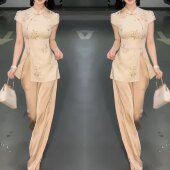 夏季 女装 新款 修身 新中式 印花上衣阔腿裤 复古国风优雅时髦洋气春季