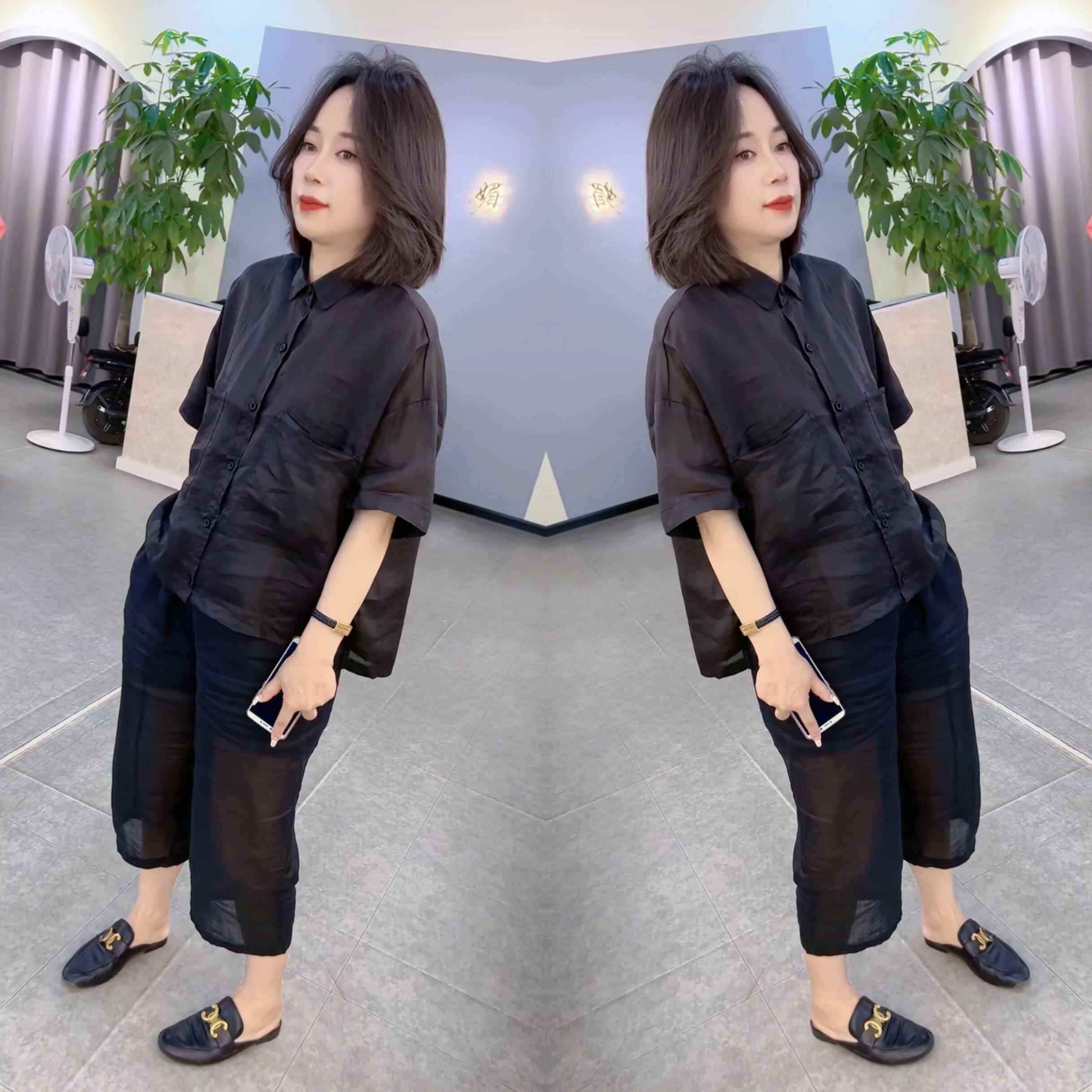 抖音爆款网红同款2023年早秋新款洋气时尚纯色翻领打底衫高腰裤子