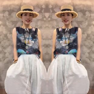 气质时尚 新款 印花无袖 打底衫 欧洲站轻熟风网红爆款 搭配阔腿裤 夏季