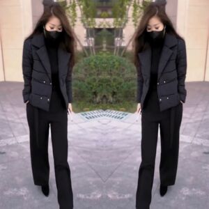 抖音网红爆款2023年冬季新款气质时尚百搭显瘦西服领棉服外套裤子