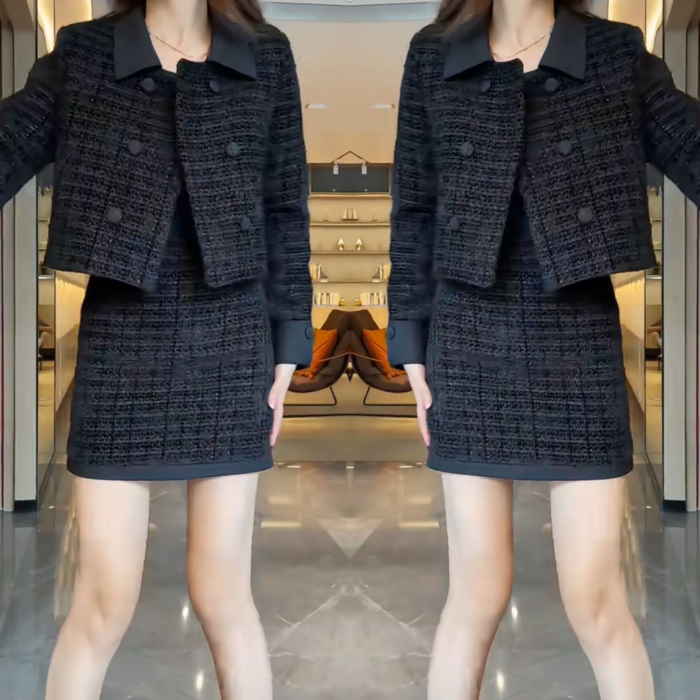 小香风套装裙外套搭配高腰短裙