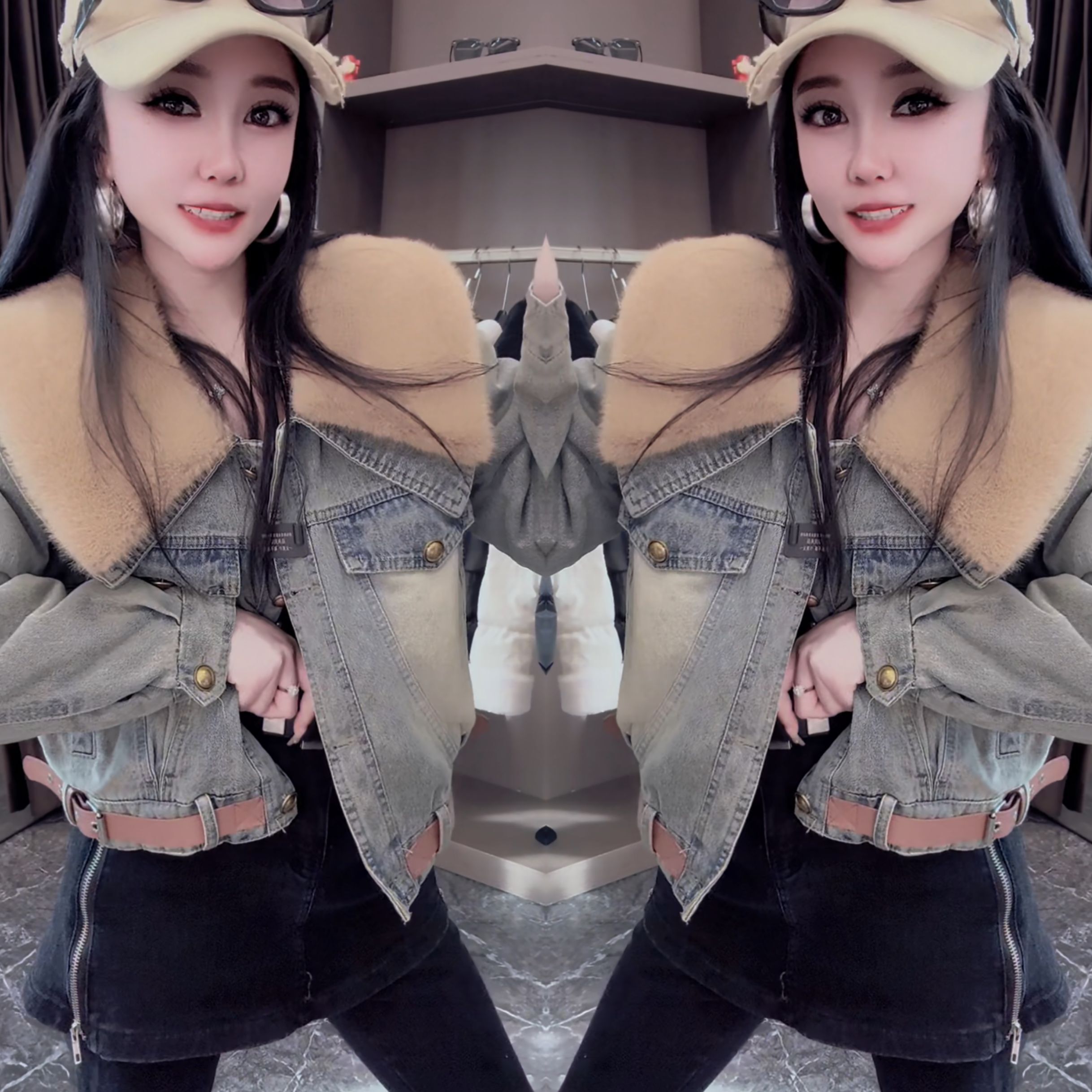 牛仔毛毛翻领设计拼接百搭外套女