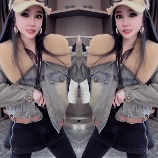 网红爆款高级感冬季新款洋气时尚牛仔毛毛翻领设计拼接百搭外套女
