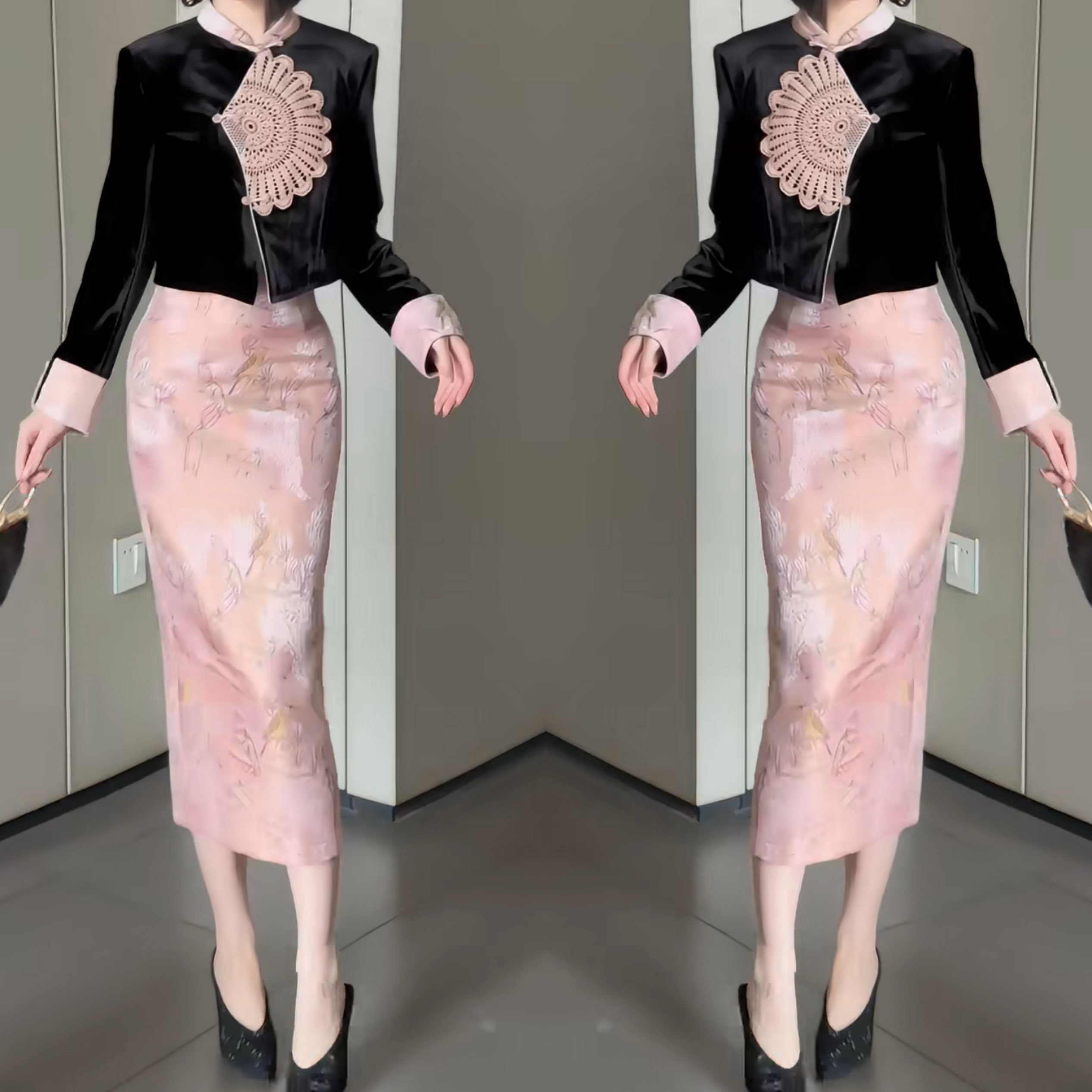 质重工优雅刺绣丝绒上衣半身裙潮