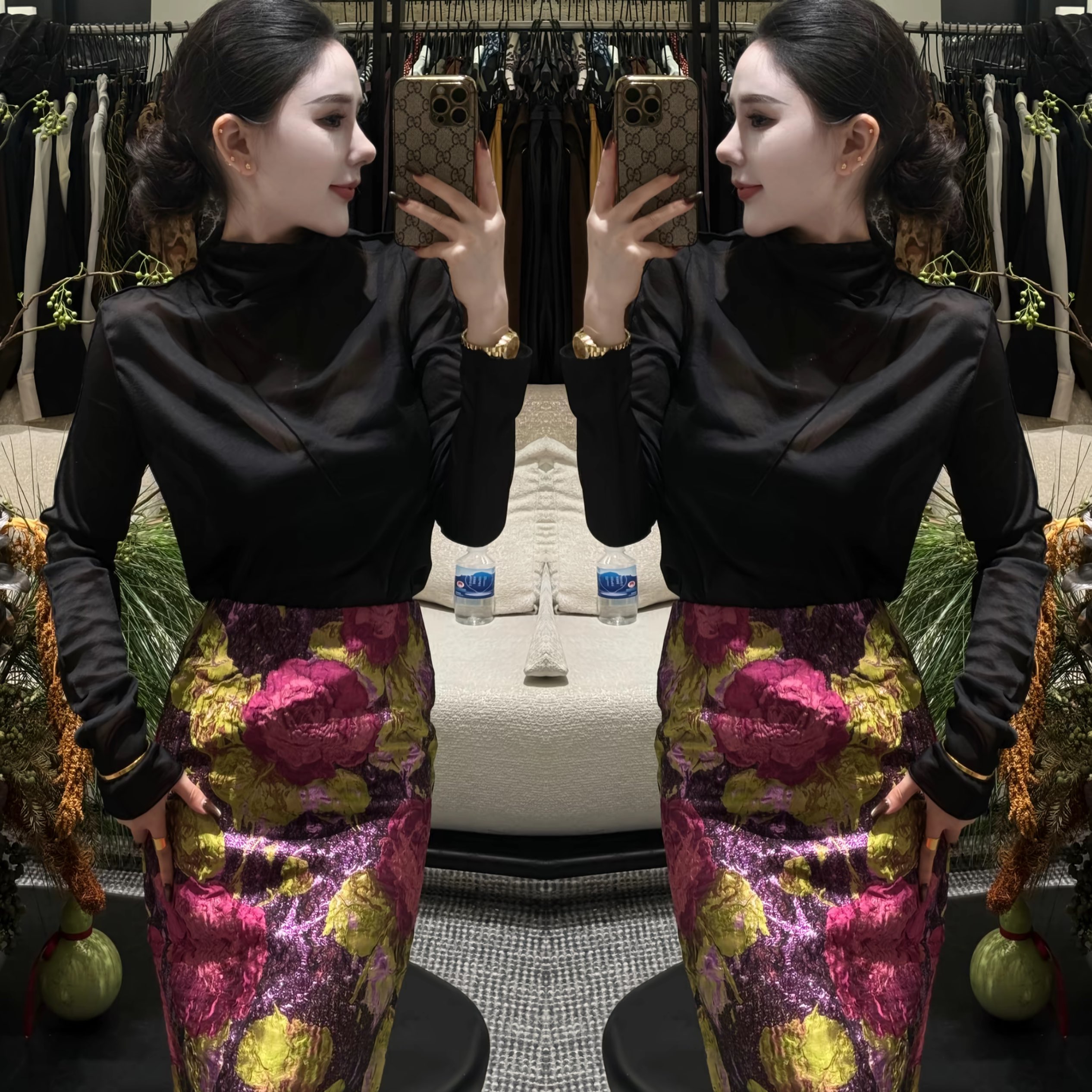 减龄时髦套装长袖上衣印花半身裙