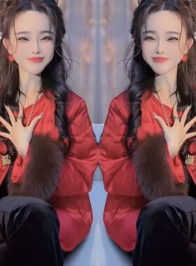 气质毛毛袖复古红色百搭外套女