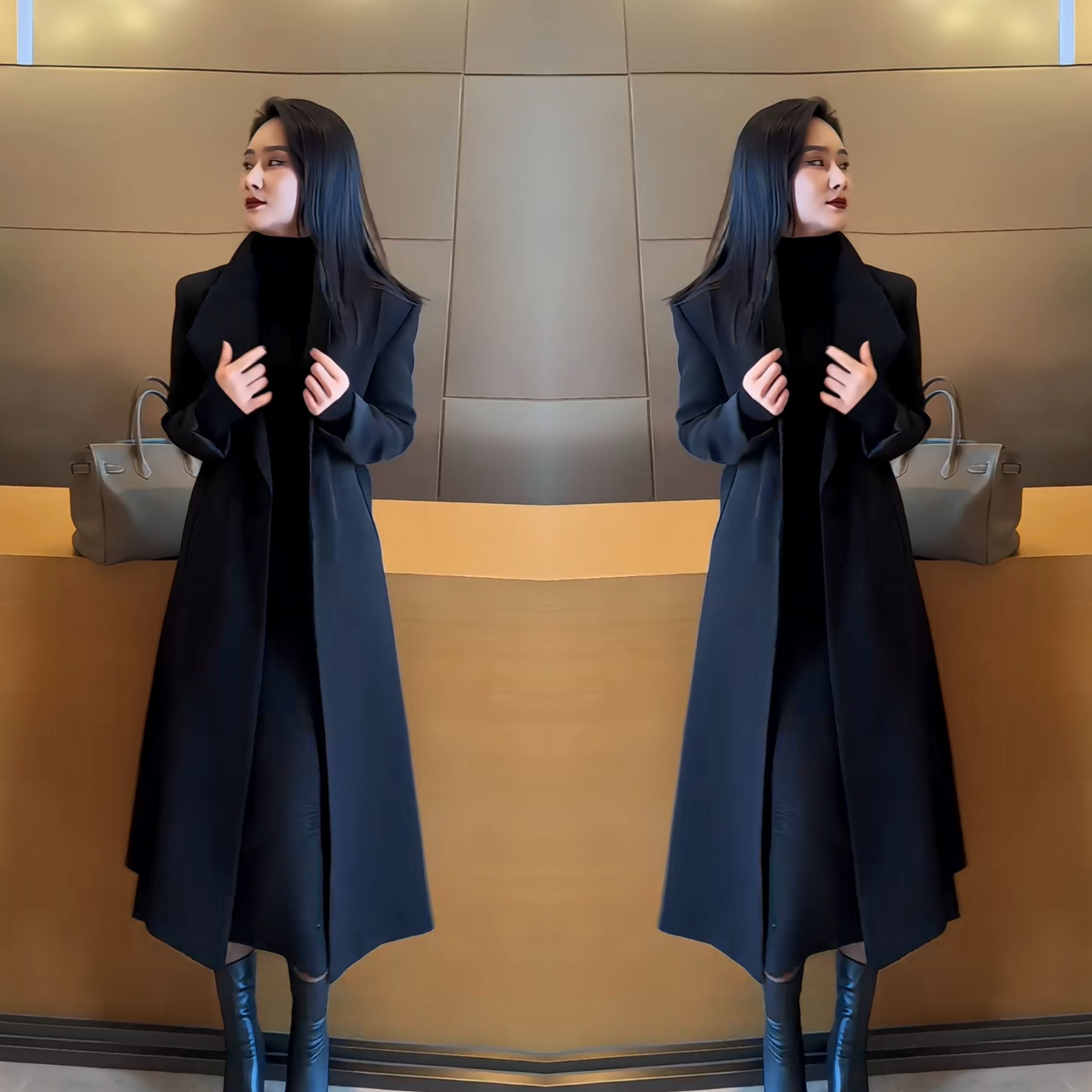 黑色过膝长款翻领简约百搭风衣潮