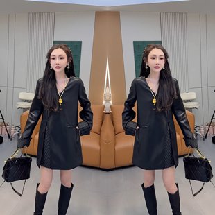 抖音网红爆款高级洋气减龄气质时髦休闲韩版显瘦皮衣开叉上衣短裙