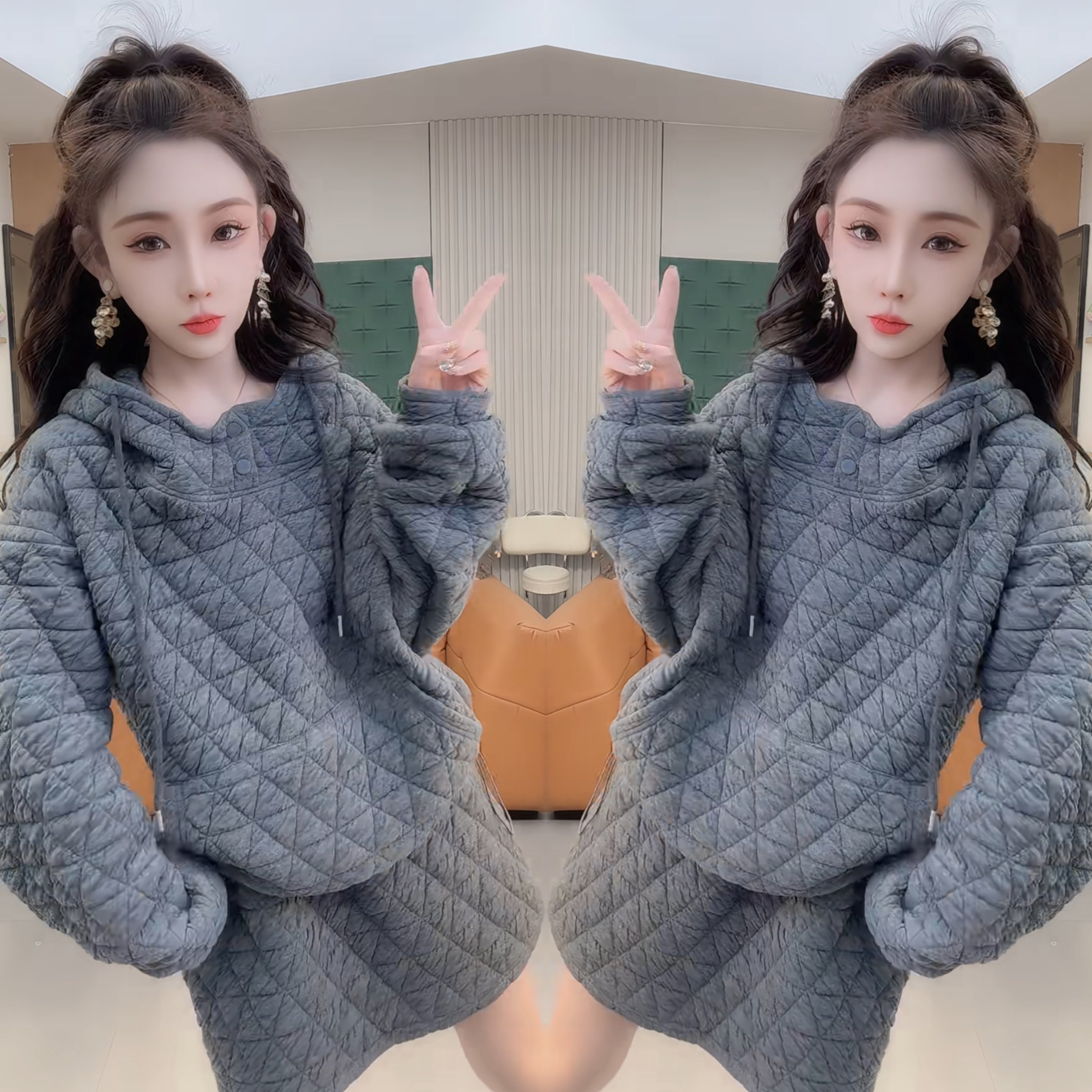 菱形格连帽休闲卫衣搭配显瘦短裙