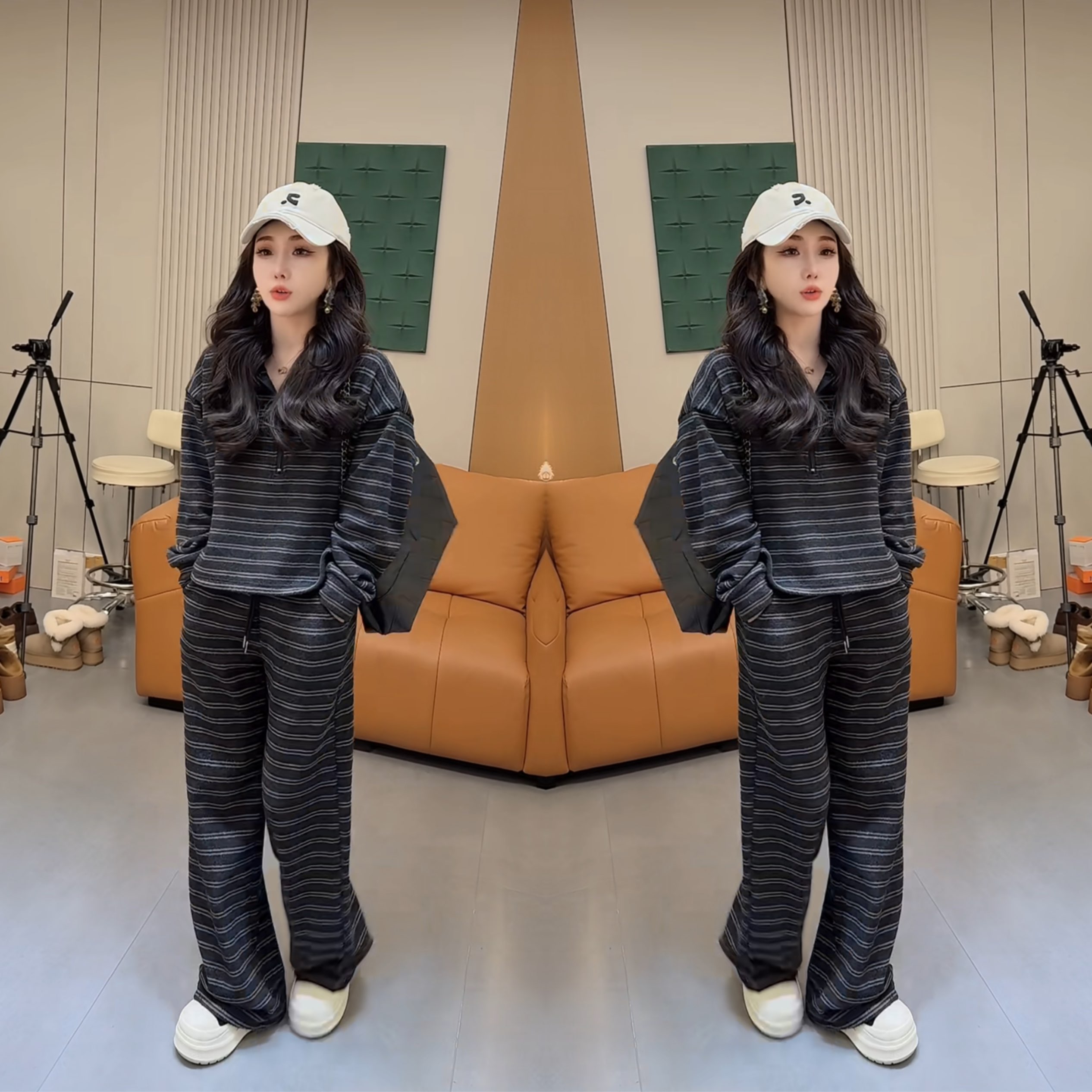 条纹半拉链宽松长袖卫衣搭配裤子