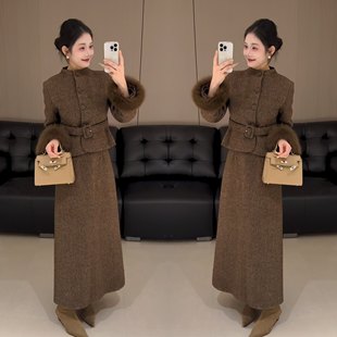套装 赫本小香风富家千金高级感冬季 洋气毛毛袖 韩版 裙外套裙子 新款