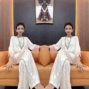 两件套2023年夏季 阔腿裤 新款 上衣 气质套头撞色袖 中国风网红爆款