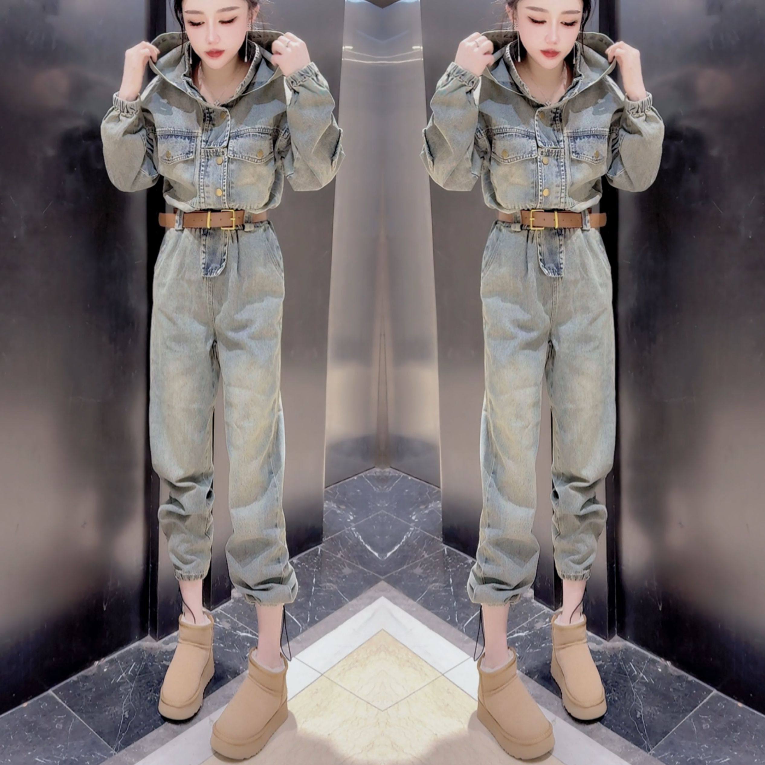 网红爆款洋气轻奢减龄时髦牛仔收腰显瘦连帽设计欧洲站女士两件套,女装/女士精品,连体衣/裤,淘宝优惠券,粉丝福利购,淘宝优惠卷