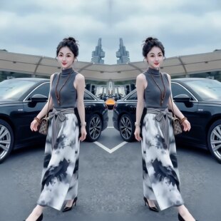 抖音网红爆款时尚减龄复古轻熟风洋气女装纯色无袖打底衫搭配半裙