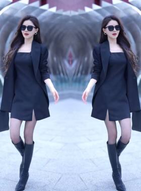 新款时尚纯色西服外套+连衣裙女