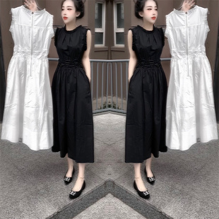 网红抖音爆款2024年夏季潮流净版纯色修身女士收腰无袖长款连衣裙