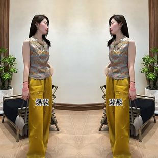 新款 新中式 高级感穿搭夏季 气质时尚 子 减龄印花无袖 上衣搭配高腰裤