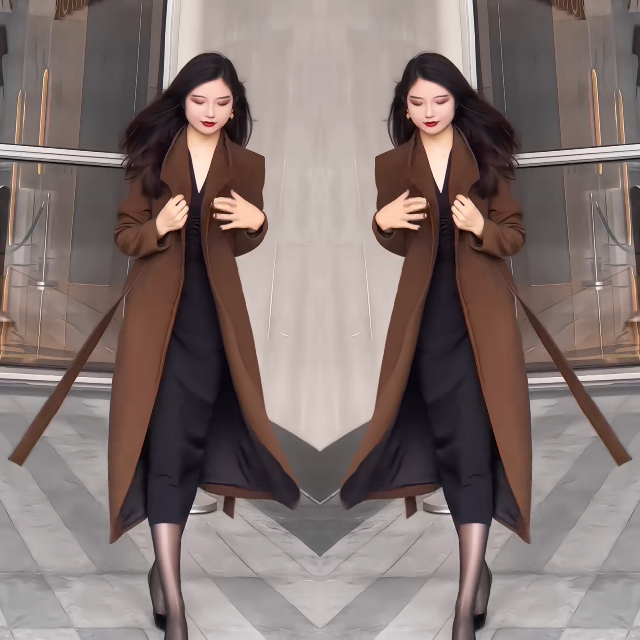 过膝长款系带收腰百搭风衣外套女