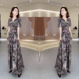 抖音网红爆款轻熟风夏季新款优雅精致晕染长款遮肉女士轻奢连衣裙