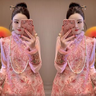 复古粉色重工提花马甲裙小衫 抖音网红爆款 气质新中式 新款 高级冬季