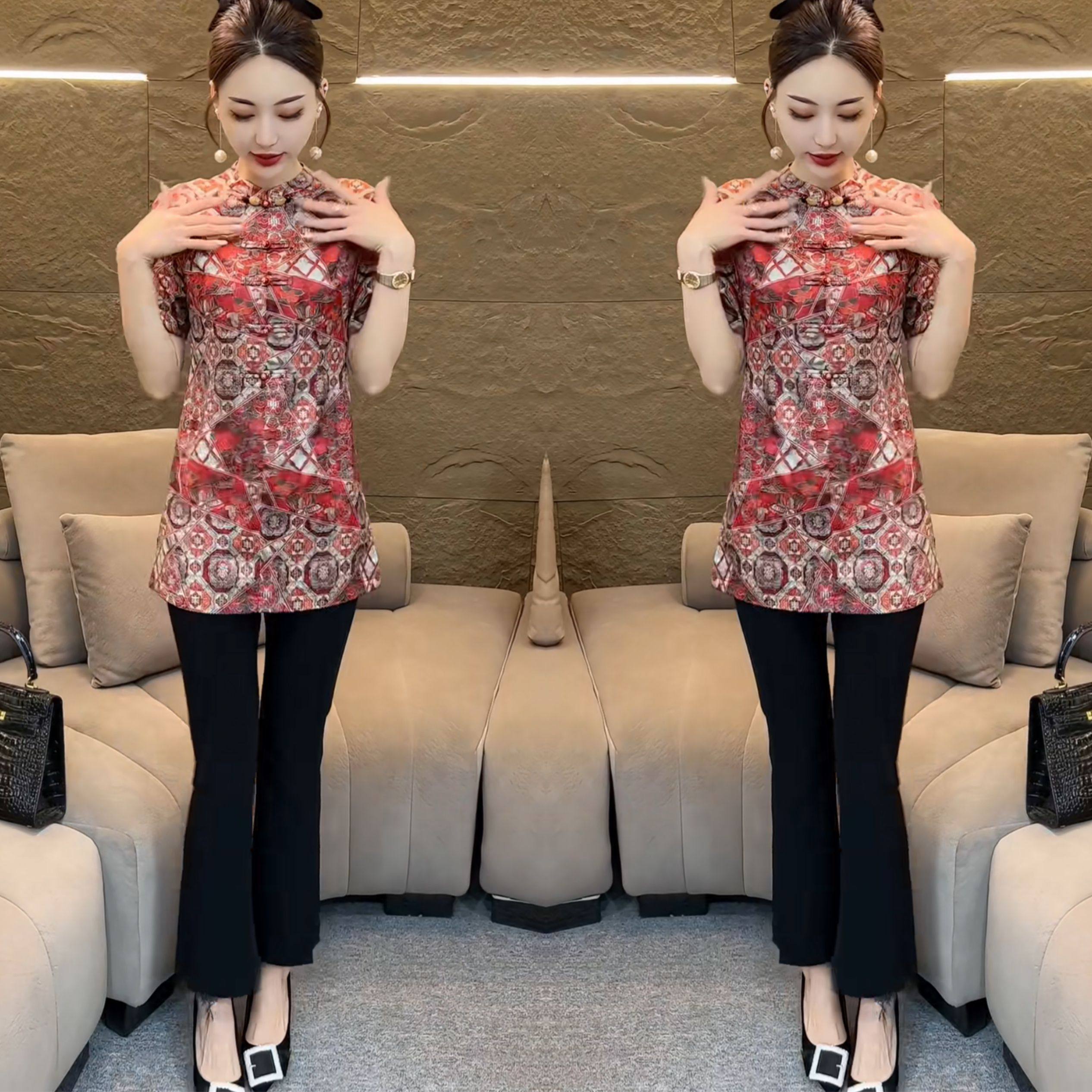 2025时髦潮流气质夏季新款新中式复古印花中长款打底衫搭配裤子潮,女装/女士精品,上衣,淘宝优惠券,粉丝福利购,淘宝优惠卷