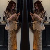 外套搭配高腰豹纹半身裙穿搭 女神范洋气收腰西装 抖音炸街爆款 法式