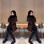 遮肉女士西装 冬季 百搭洋气毛毛袖 宽松气质时髦优雅中长款 外套 新款