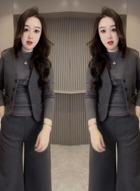 高级感早春新款洋气灰色减龄时髦简约百搭三件套打底衫马甲阔腿裤
