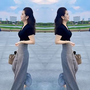 搭配阔腿裤 抖音网红爆款 打底衫 潮流减龄气质高级黑色修身 炸街时尚